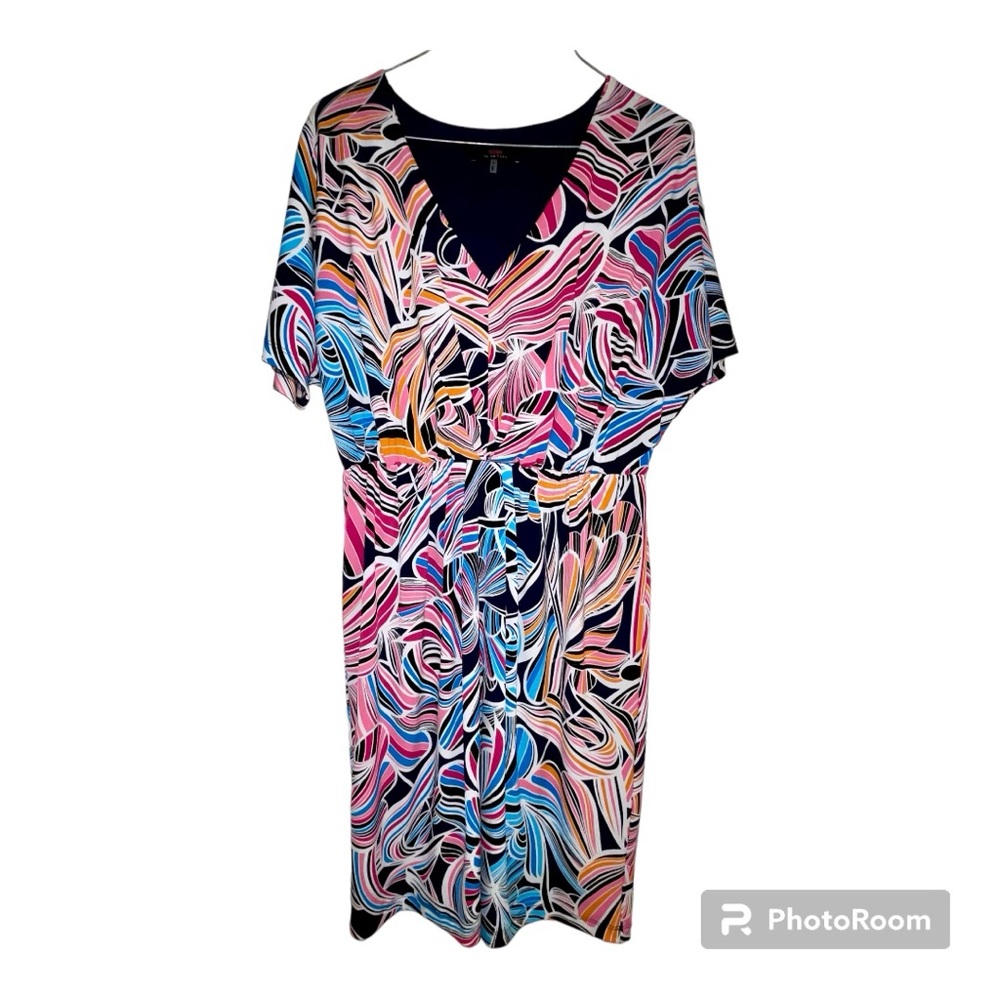 Trina Turk colorful abstract print V-neck short batwing sleeve lined dress sz M